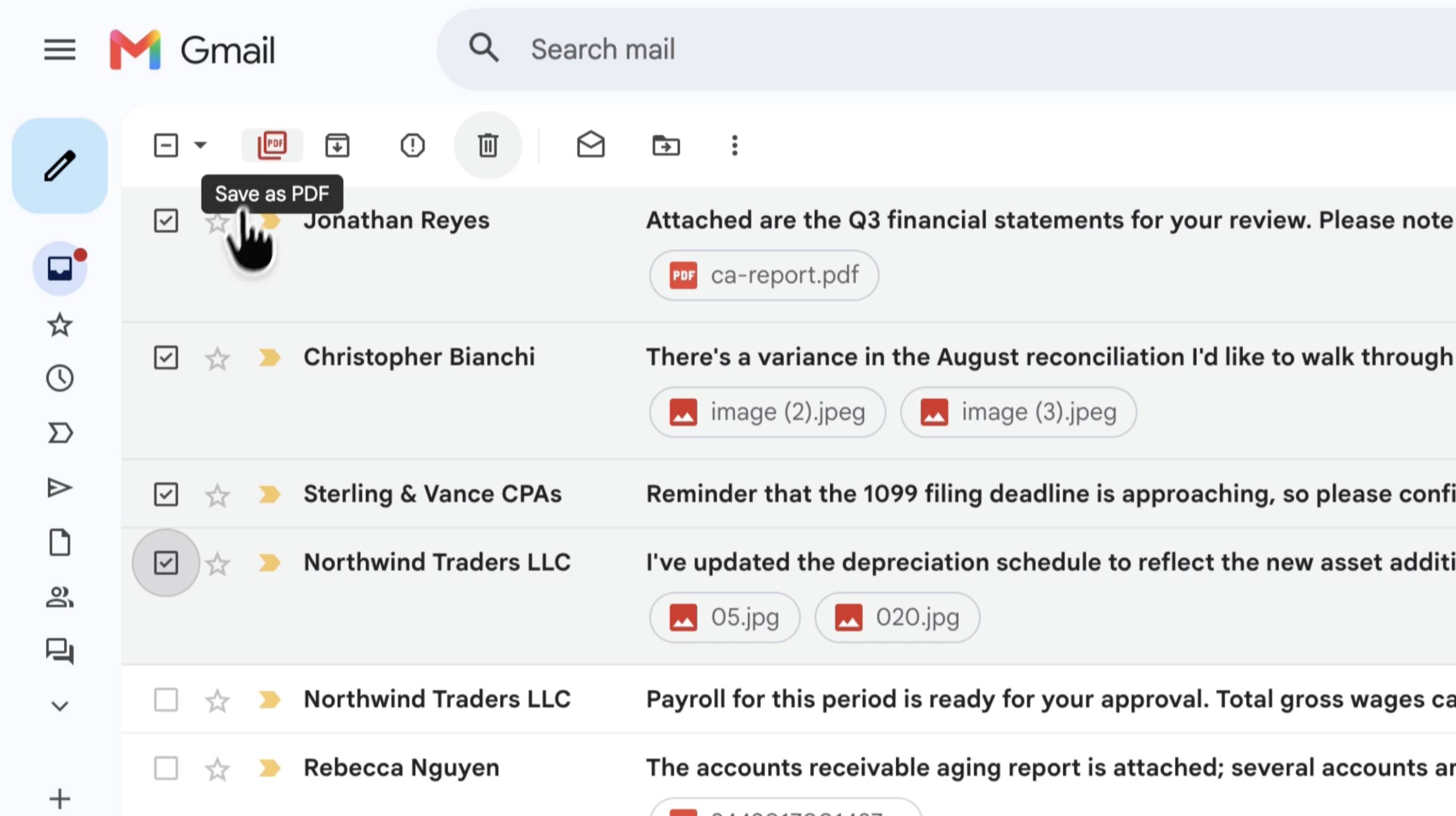 M2pdf Save as PDF button integrated into the Gmail toolbar